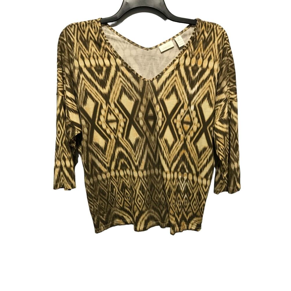 Chico's Women's Geo Print V-Neck Blouse Brown Yellow Drop Sleeve Size Large 2